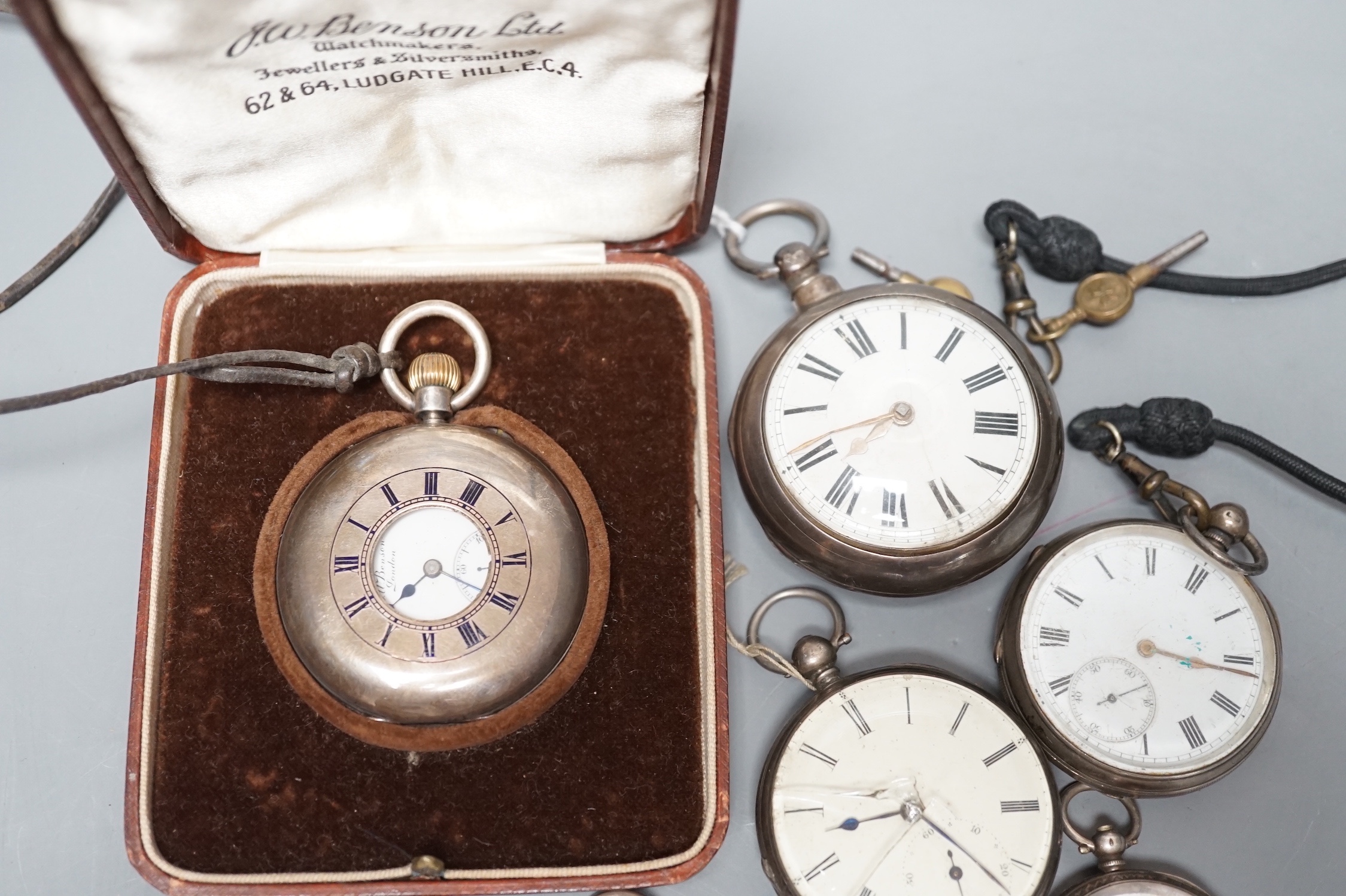 A Victorian silver pair cased pocket watch by Reeve & Son, Capel and six other assorted silver or white metal pocket watches including cased silver J.W. Benson.